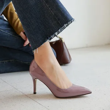 

8cm Heel Pumpes 2020 Pointed Toe Genuine Leather Shoes For Female Zapatos Tacon Chaussure Femme Scarpe Donna