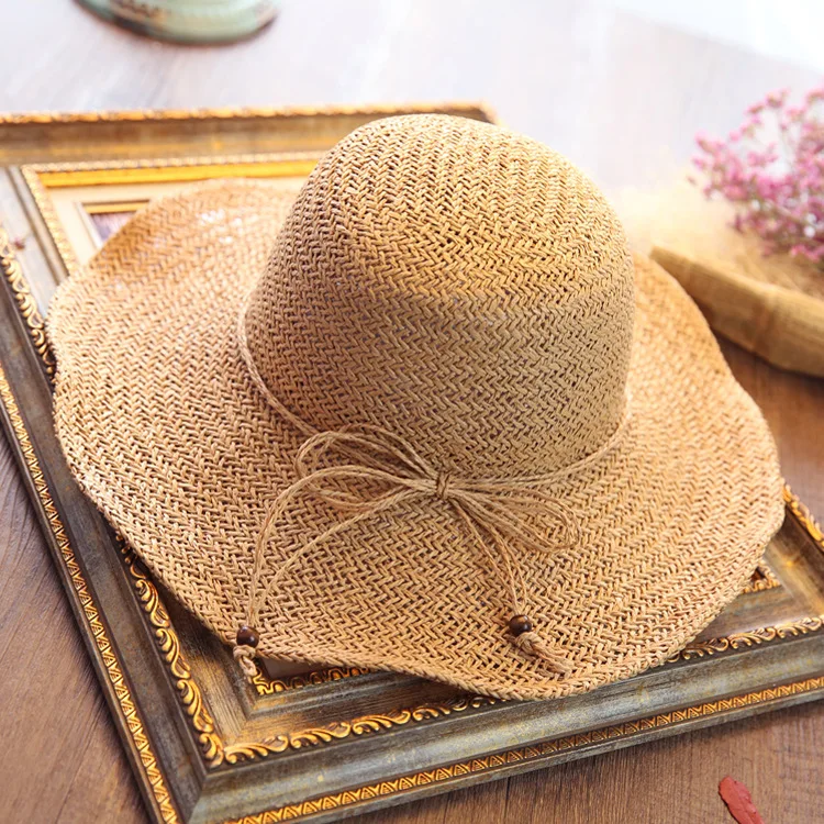 

2019 Korean-style Spring And Summer New Style Bow Large Brimmed Hat Handmade Hollow out Topee WOMEN'S Straw Hat Beach Hat Women'