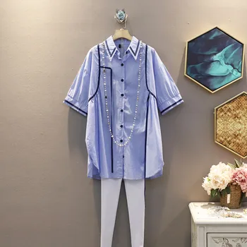 

[EWQ] 2020 Spring Summer New Pattern Lapel Short Sleeve Striped Patchwork Single Breasted Casual Shirt Women 3AJ71105.3XL