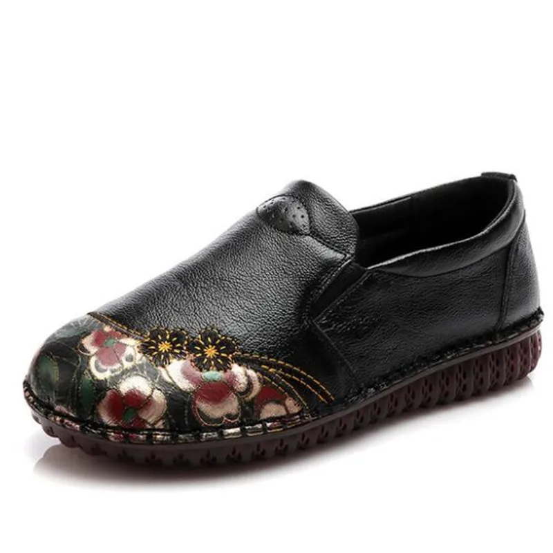 

Promotion New Classic Flower Embroidery Genuine Leather Shoes Women Fashion Shoes Soft Sole Comfortable Casual Shoes Flat Shoes