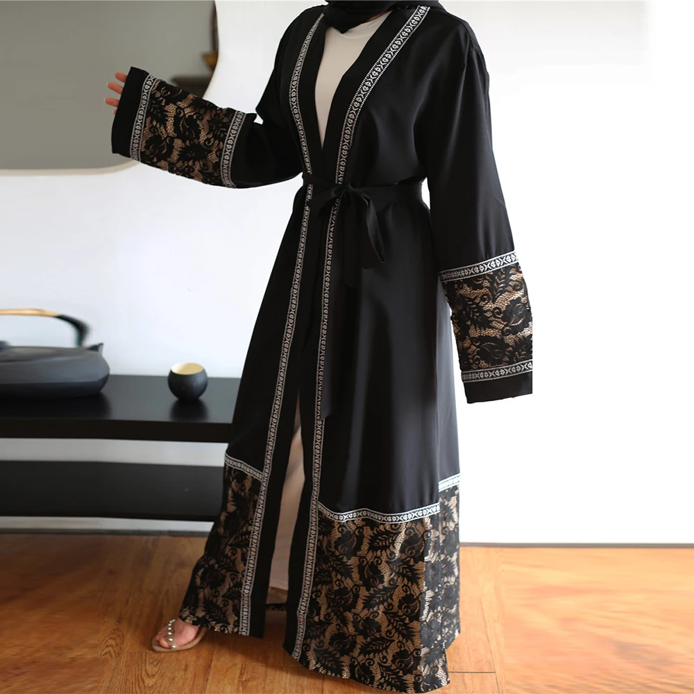 Черное кимоно кардиган Eid Abaya кафтан Дубай исламский хиджаб мусульманское платье
