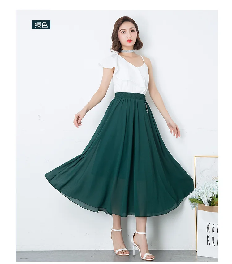 Korean Spring and summer women high waist pleated skirt womens large swing elastic waist thin beach skirts