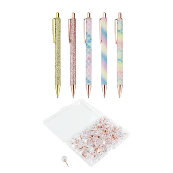 

5Pcs Retractable Pen Black Ink Medium Point (1.0mm) Rose Gold & 100Pcs Push Pins ThumbTacks Transparent Plastic