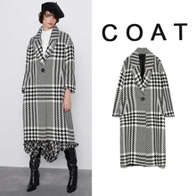 ZA Новое шерстяное пальто с отворотом и длинным рукавом для женщин, модная куртка с узором "гусиная лапка", элегантное офисное женское пальто с карманами и пуговицами с пряжкой