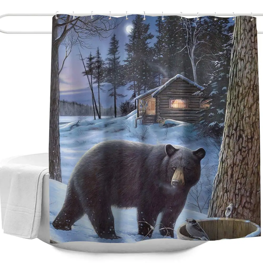 

Nature Forest Black Bear Winter Shower Curtains Set for Bathroom Polyester Fabric Machine Washable Waterproof Decorative Bath