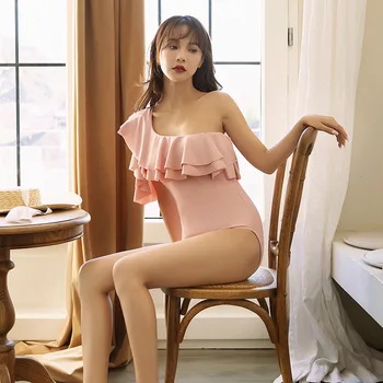 

Swim Suit Women Swimwear Two Pieces Swimsuit With Push Up Sexy Bikini Set 2020 New Pink Plus Size Ruffle One Shoulder Piece