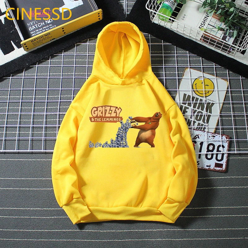 Funny Grizzy And The Lemmings Graphic Hoodie Children Autumn Winter Yellow Hooded Sweatshirts Boys Pullover Tracksuits Girls