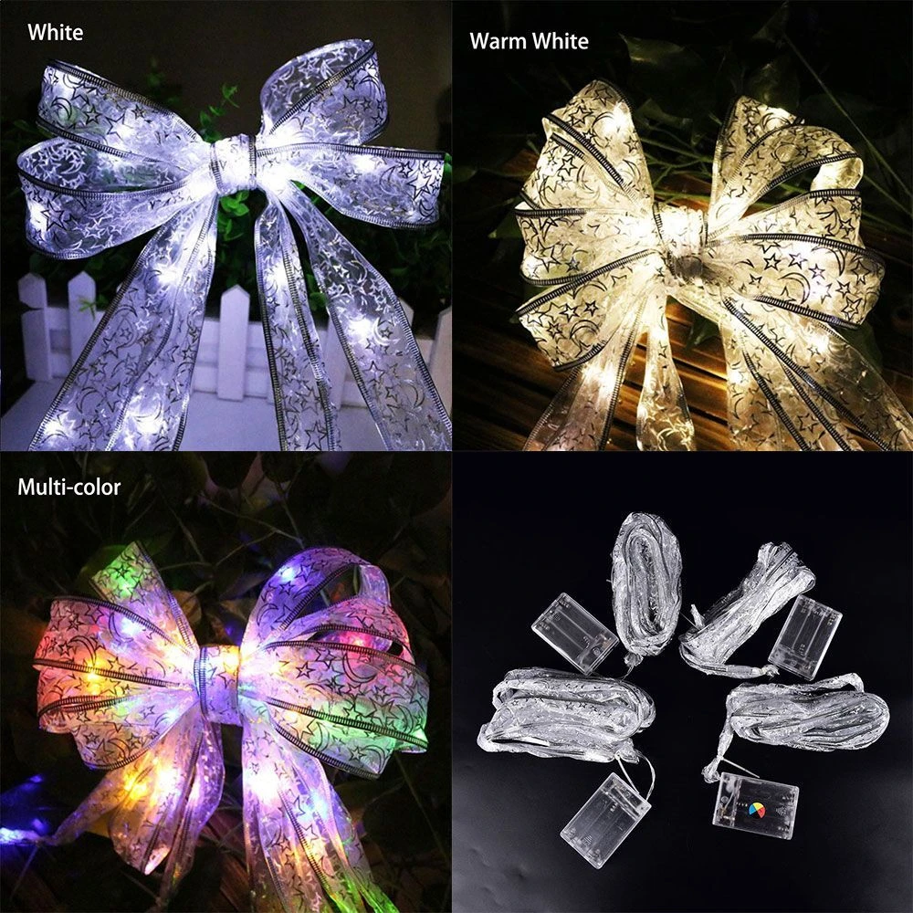 outdoor christmas string lights 2022 New Christmas Ribbon With LED Lights Xmas Tree Ornament Fairy Lights String Ribbon Bows Lights Wall Window Home Decorations led string lights