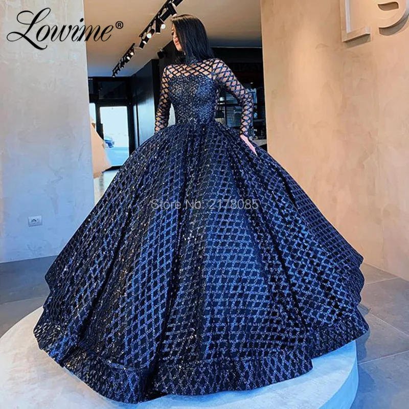Puffy Glitter Prom Dresses Navy Blue Vrouwen Partij Jassen 2020 Arabisch Hoge Hals Avondjurk Robe De Soiree Dubai kaftans Puffy Glitter Prom Dresses Navy Blue Vrouwen Partij Jassen 2020 Arabisch Hoge Hals Avondjurk Robe De Soiree Dubai kaftans