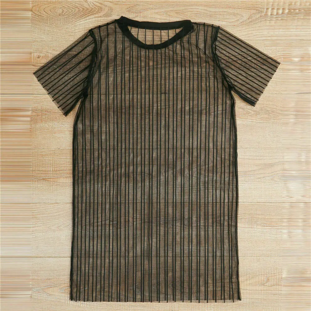Summer Beach Women Sexy Mesh Sheer Bikini Cover Up Short Sleeve Striped Dress Swimwear Swimsuit Bathing Beachwear Dresses