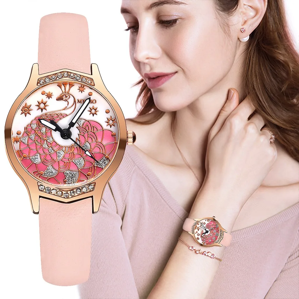 

Ladies Casual Watches Rhinestone Peacock Design Leather Band Quartz Women Wrist Watch Fashion Clock Dress Relogio Feminino /d
