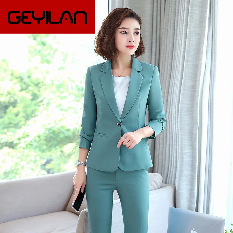 

2019 OL Style Woman Green Pink Blazer Set Plus Size Women's Office Suits Autumn Formal Working Two Piece Pant Suits for Women