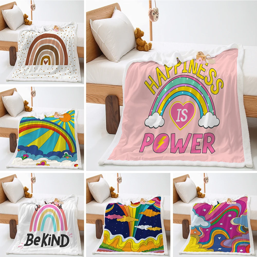 

3D Digital Printed Rainbow Creativity Pink Cute Lambhair Crystal Pile Blanket Cover Blanket for Couch All Seasons Suitable