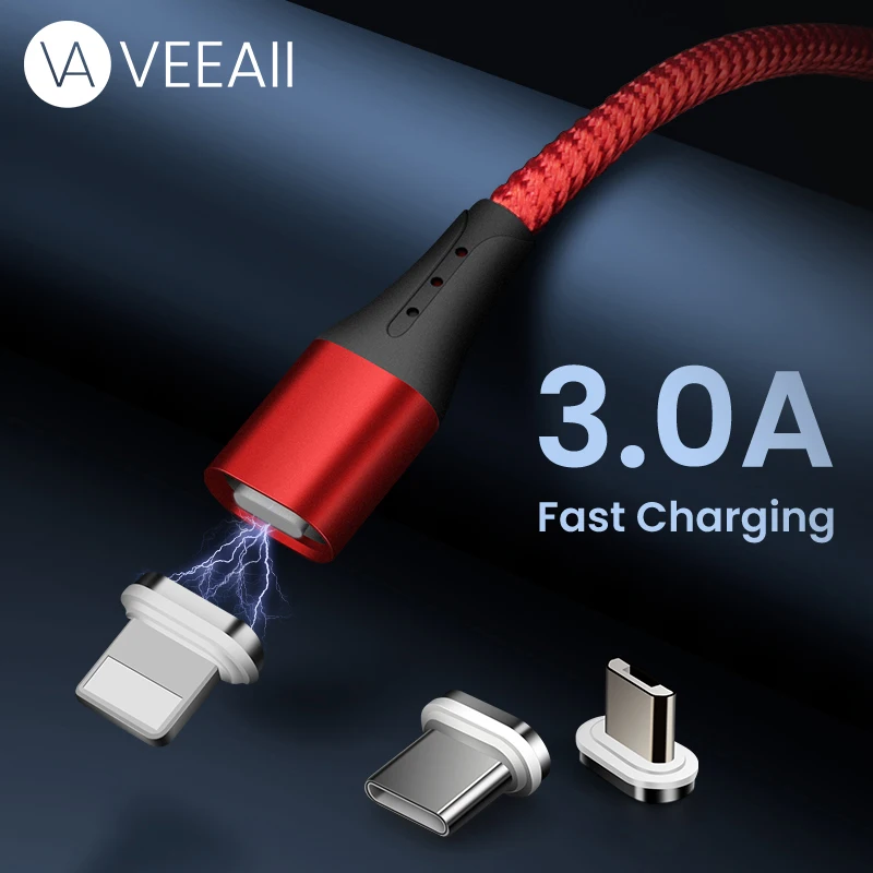 Магнитный Micro USB кабель VEEAII 1 м 2 м 3 А, кабель для зарядки USB type C, кабель для передачи данных, шнур для мобильного телефона Iphone, samsung, Xiaomi