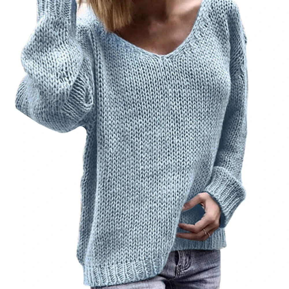 light blue Oeak,, v-образный вырез, одноцветные женские свитера, пуловеры, Осенние, трендовые, свободные, Вязанная одежда, повседневные, женские пуловеры размера плюс - Цвет: light blue