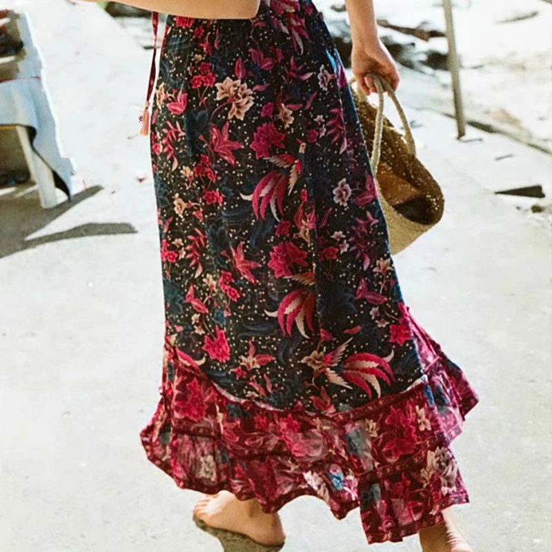 Boho Chic, Женская пляжная плиссированная юбка в стиле хиппи с цветочным принтом и птицами, высокая эластичная талия, макси-линия, Женская юбка в стиле бохо