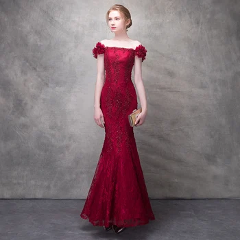 

2020 New Wine Red Lace Mermaid Evening Dress Long Elegant Beading Evening Gown Sexy Off the Shoulder Backless Formal Dress