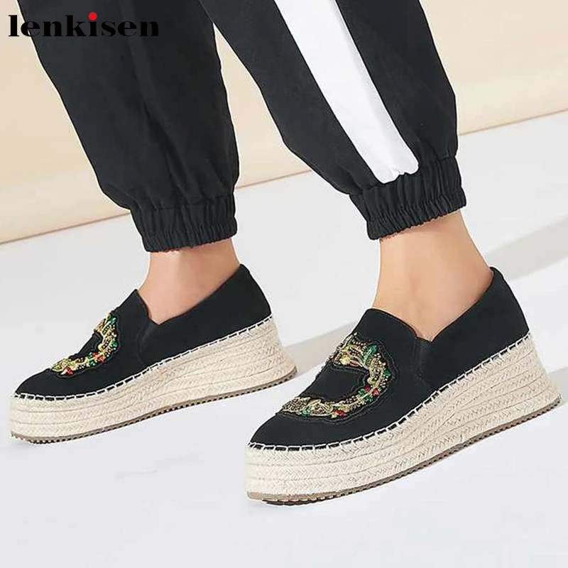 

Lenkisen soft breathable sheep suede fashion embroidered round toe weave high heels loafers slip on autumn women cozy pumps L21