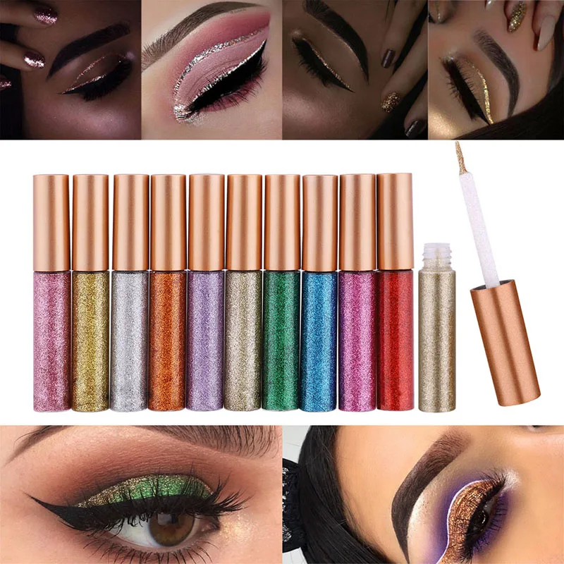 10 Color Glitter Liquid Eyeliner Waterproof Shimmer High Pigmented Silver Gold Metallic Colorful Eyeliner w