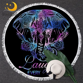 

BlessLiving Elephant Round Beach Towel Watercolor Neon Lotus Flower Circle Microfiber Bath Towels Black Purple Blue Yoga Mats