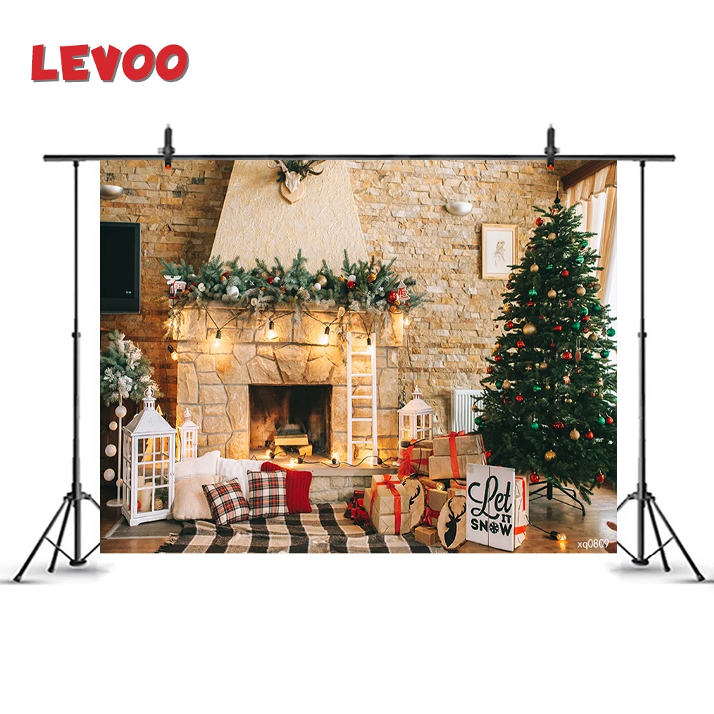

LEVOO Christmas Fireplace Theme Backdrop Xmas Tree Gifts Party Decorations Photo Studio Background Photography Shoot Props Vinyl