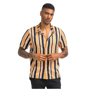 

2020 Summer Beach Shirts Mens Striped Printed Chest Pocket Turn Down Collar Short Sleeve Casual Shirts