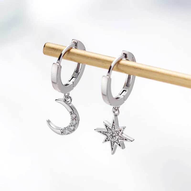 

925 Sterling Silver Star Moon Hoop Earrings for Women Simple Huggie Small Circle Earring Ear Rings Girl Jewelry Accessories