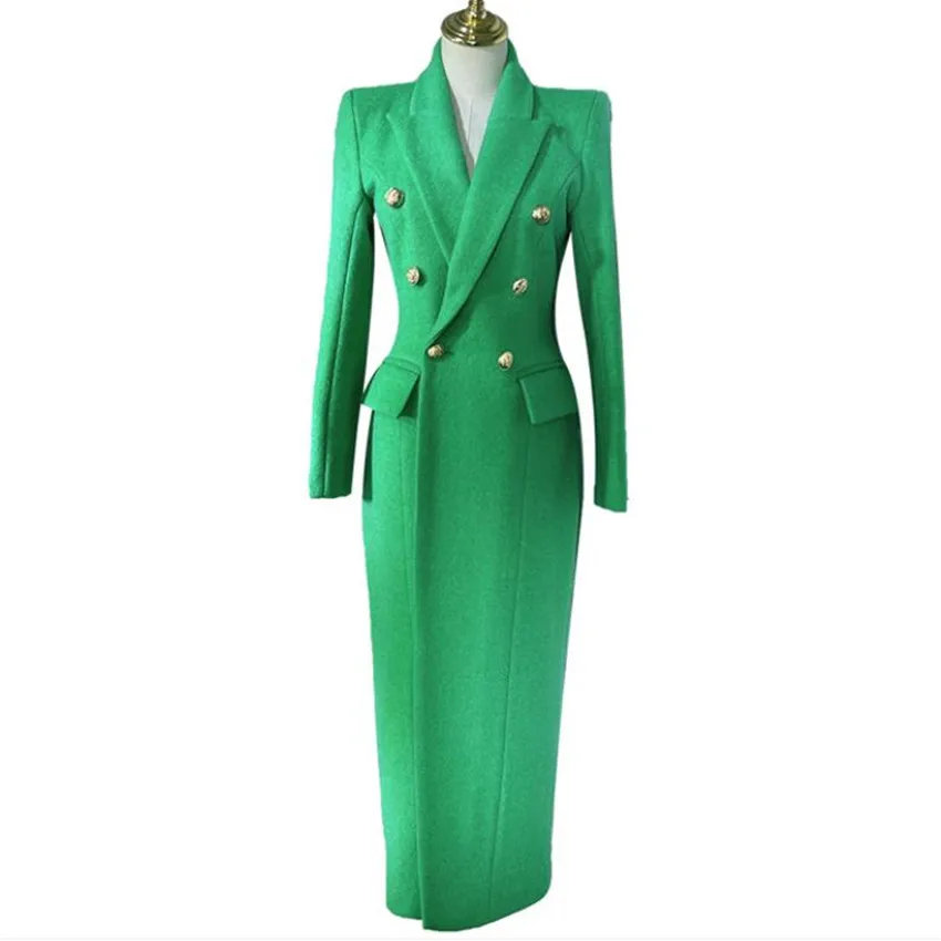 

3XL! x-long green winter woolen overcoat women fashion double breasted slim waist woo blends coat