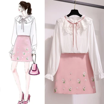 

Spring New Sweet Garment Lace Patchwork Flare Long Sleeve White Blouse Embroidery Mini Skirt Women'S 2 Piece Sets Cute Dress