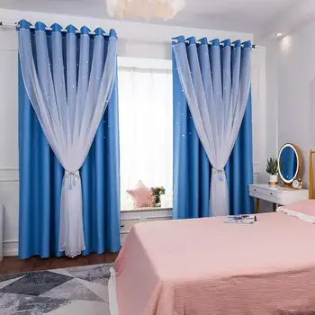 

1Piece Star Full Blackout Curtain Double Layers Nordic Style Bedroom Living Room Curtain Hollow Star Net Princess Wind Curtain