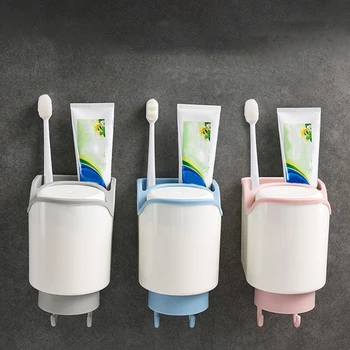 

1pc Removable Multi-functional Non-perforated Wall-mounted Toothpaste Toothbrush Rack with Two Hook Organizer Bathroom Supplies