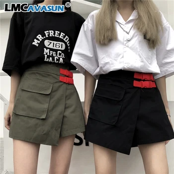 

Patchwork Canvas Buckle Belt High Waist Pocket Cargo Jogger Sexy Loose Straight Women Hip Hop Short Skirts Harajuku Punk Gothic