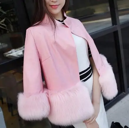 

artificial fur coat Women's winter 2019 Overcoat fauxl fur coat femme jacke PU Stitching Stand collar Outwear AR104