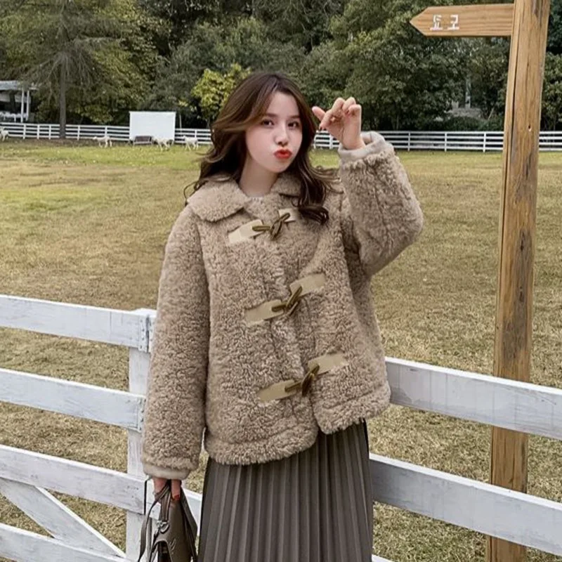 

Photo Shoot INS Sweet Pastoral Style Berber Fleece Coffee Color Fold-down Collar Toggle Fur Woolen Cloth Short Jacket Women's Wi