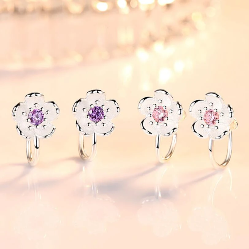 

Children Silver Pink Zircon Cute Flower Clip Earrings Style Crystal Cherry Blossom Baby Women Earring Jewelry No Hole Ear Clip