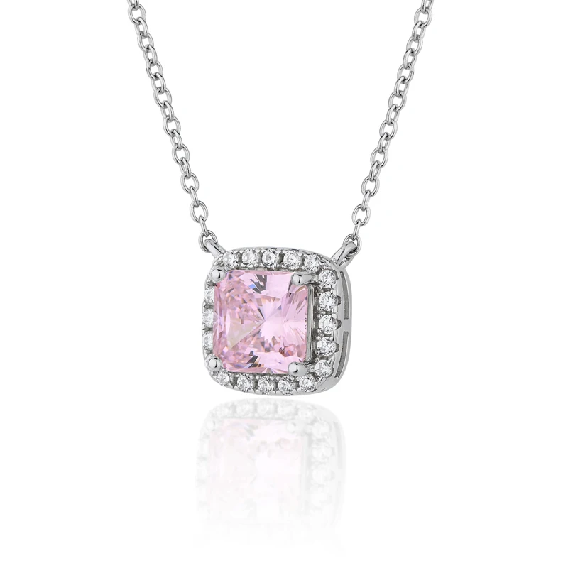 OEVAS 100% 925 Sterling Silver Square Pink Yellow Zircon High Carbon Diamond Pendant Necklace For Women Sparkling Fine Jewelry