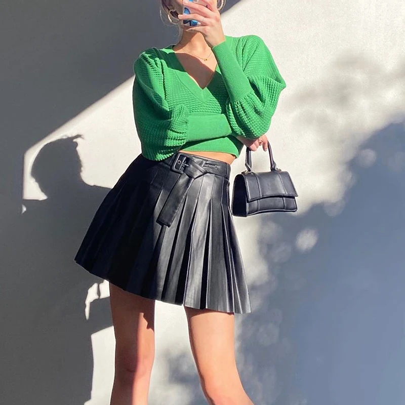 Simplee Fashion artificial leather womens Mini Skirt Striped button A-line short skirt High Street Black Leather Skirt autumn
