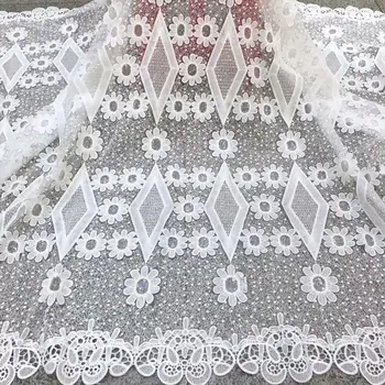 

Best Selling African Lace Fabric Nigerian French Fabric 2019 High Quality White 3 d flower French Tulle Lace Fabric With Sequins