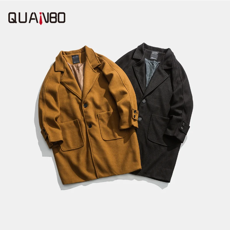QUANBO 2020 Autumn Winter New Men's Loose Woolen Pea Coat X-Long Single Breasted Solid Color Coats Men Korean Overcoat 5XL QUANBO 2020 Autumn Winter New Men's Loose Woolen Pea Coat X-Long Single Breasted Solid Color Coats Men Korean Overcoat 5XL