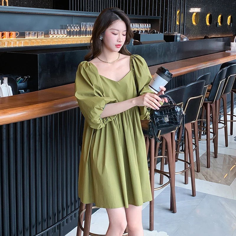 

Green White pregnant woman dress summer maternity high waist hubble-bubble sleeve long loose shirts women chiffon blouses sweet