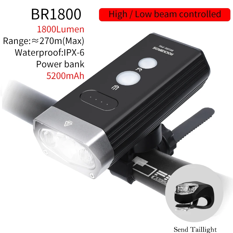 ROCKBROS, 1800 люмен, велосипедный светильник, 3 светодиода, USB, перезаряжаемый, велосипедный головной светильник, водонепроницаемая лампа, светильник-вспышка, 5200 мА/ч, Аксессуары для велосипеда - Цвет: BR1800