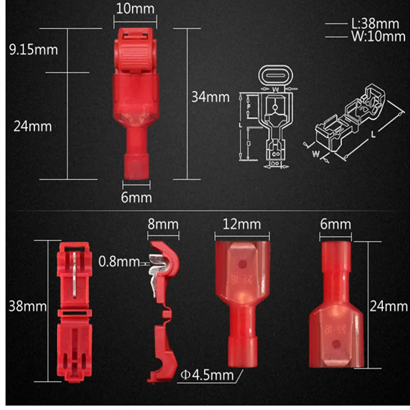 120 шт Т-образные электрические соединители для быстрого соединения проводов и изолированные мужские быстроразъемные клеммы(желтый, красный, синий