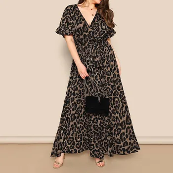 

Fashion Women Dresses Plus Size Dress Leopard Print Sexy V-Neck Short Sleeve Dress Bandage Long Chiffon Summer Dress vestidos