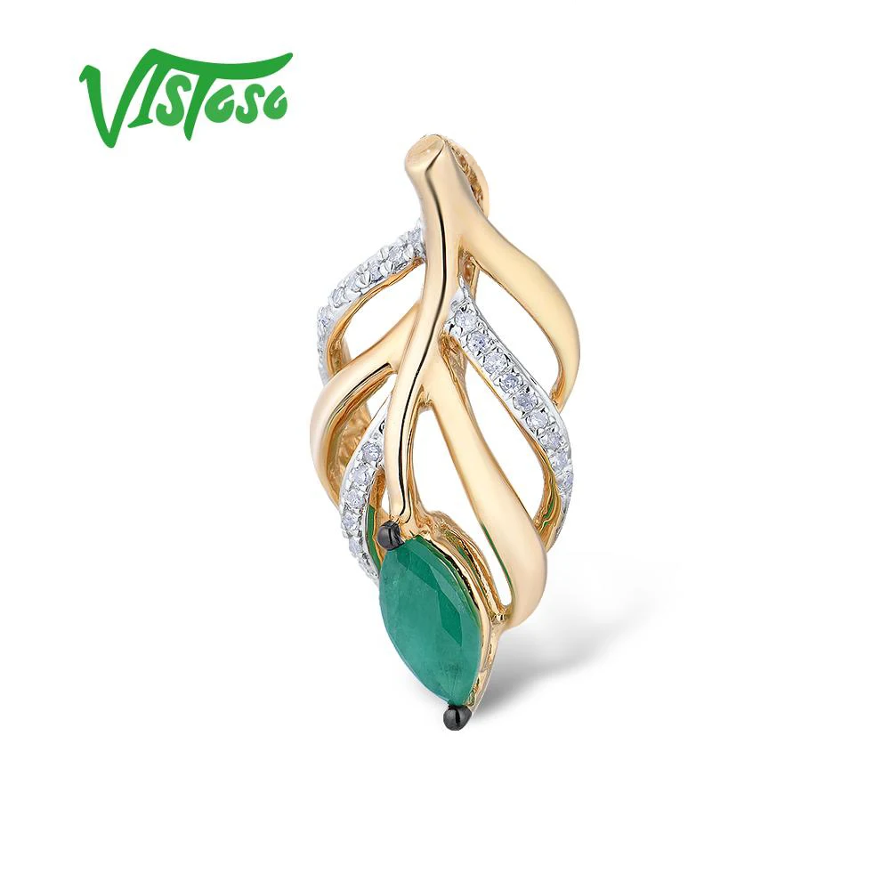 

VISTOSO Gold Pendants For Women Authentic 14K 585 Yellow Gold Hollow Leaves Magic Emerald Sparkling Diamond Elegant Fine Jewelry