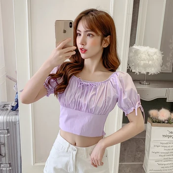 

COIGARSAM Short Sleeve blouse women New Summer Square Collar High Waist Belt blusas womens tops and blouses White Purple 5109