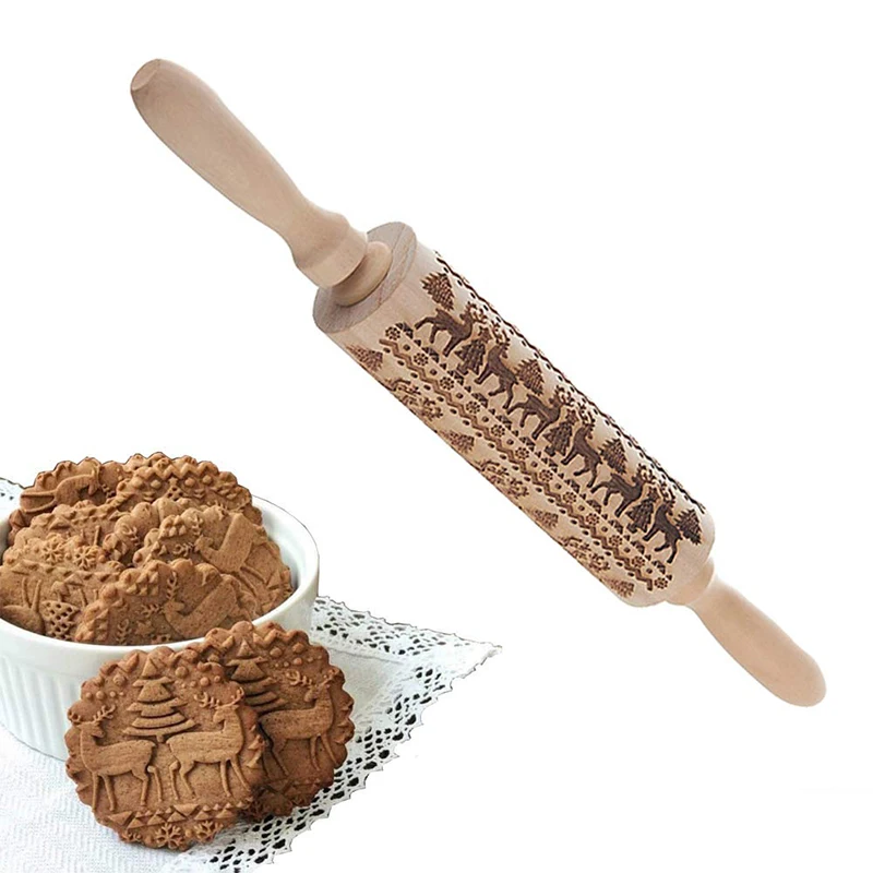 

Christmas Wooden Rolling Pins 3D Embossed Rolling Pin with Engraved Christmas Themed Symbols for Baking Cookies Kitchen Supplies