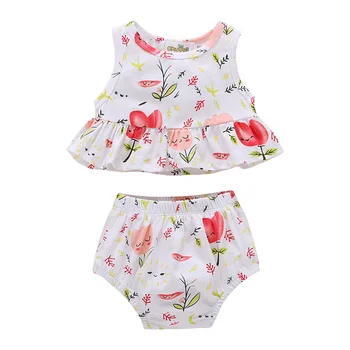 

Baby Girl 0-2 Years Old Baby Summer Suit Children's Clothing Floral Lotus Leaf Pendulum Vest + Shorts Cute Beachwear Wholesale