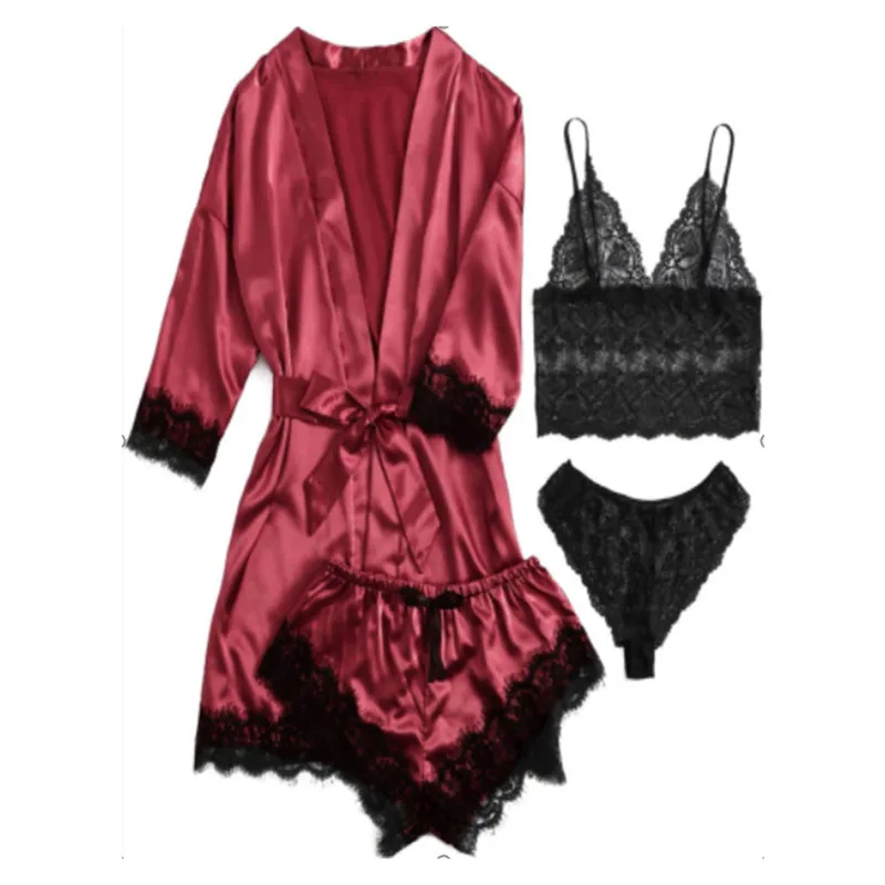 

4 шт./компл. весенне-осенние женские шелковые пижамные комплекты с кружевным принтом жилет шорты пижама одежда для сна 4 шт. атласные пижамы на бретелях-спагетти