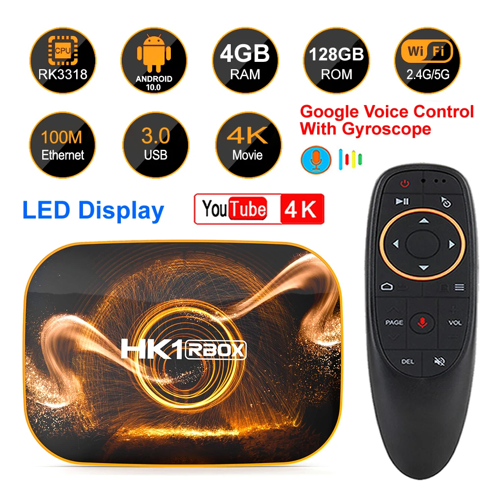HK1 RBOX R1 Android 10 Smart TV BOX Rockchip RK3318 4 Гб 128 ГБ 2 4G & 5G Dual WIFI BT4.0 4K H.265 HDR Youtube телеприставка |