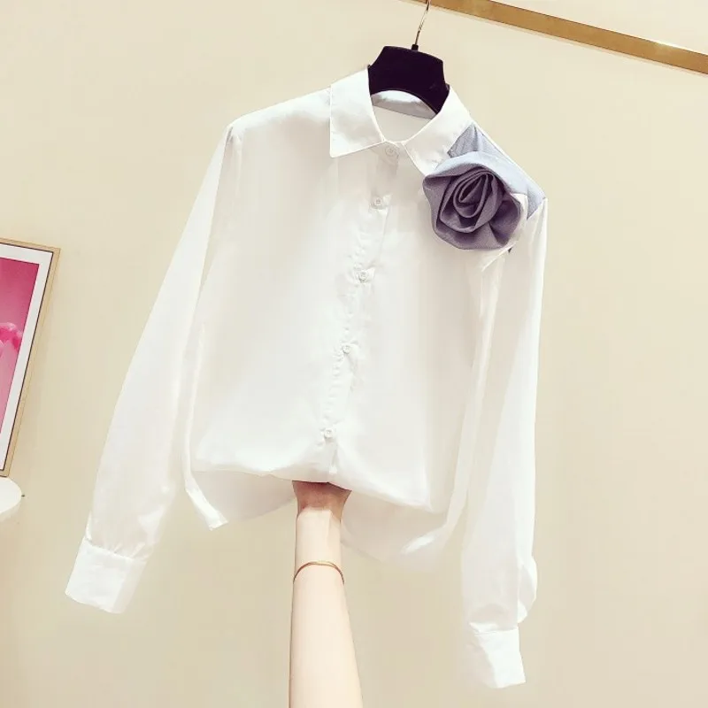 

2020 Spring White Shirt Ladies New Korean-Style Hand-Made Three-dimensional Flower Decoration Lapel Long Sleeve Blouse Top Blusa